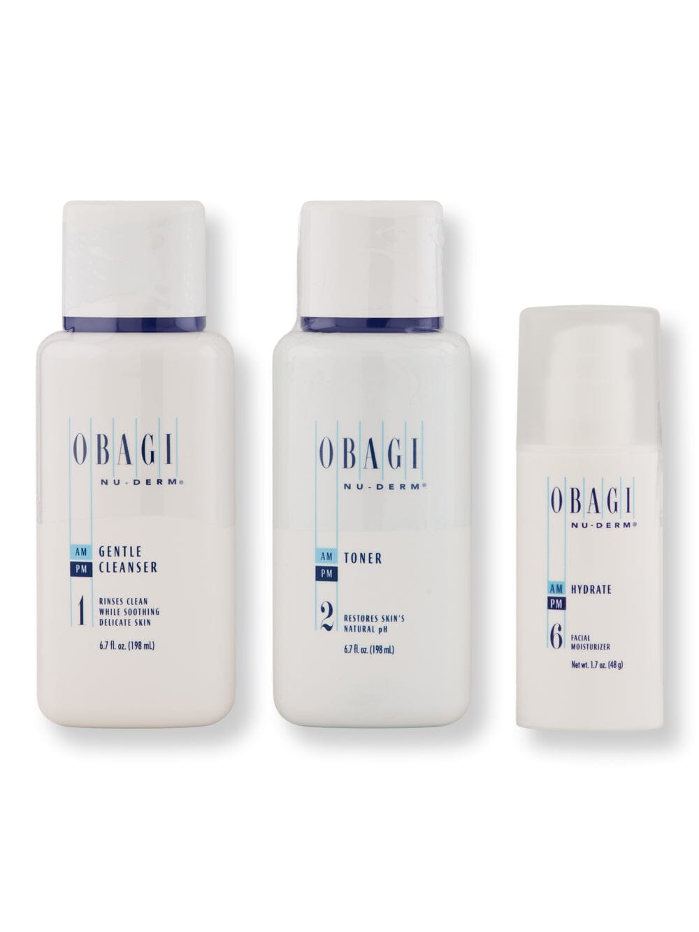 Obagi Nu-Derm Gentle Cleanser 6.7 oz, Toner 6.7 oz, & Hydrate Facial Moisturizer 1.7 oz